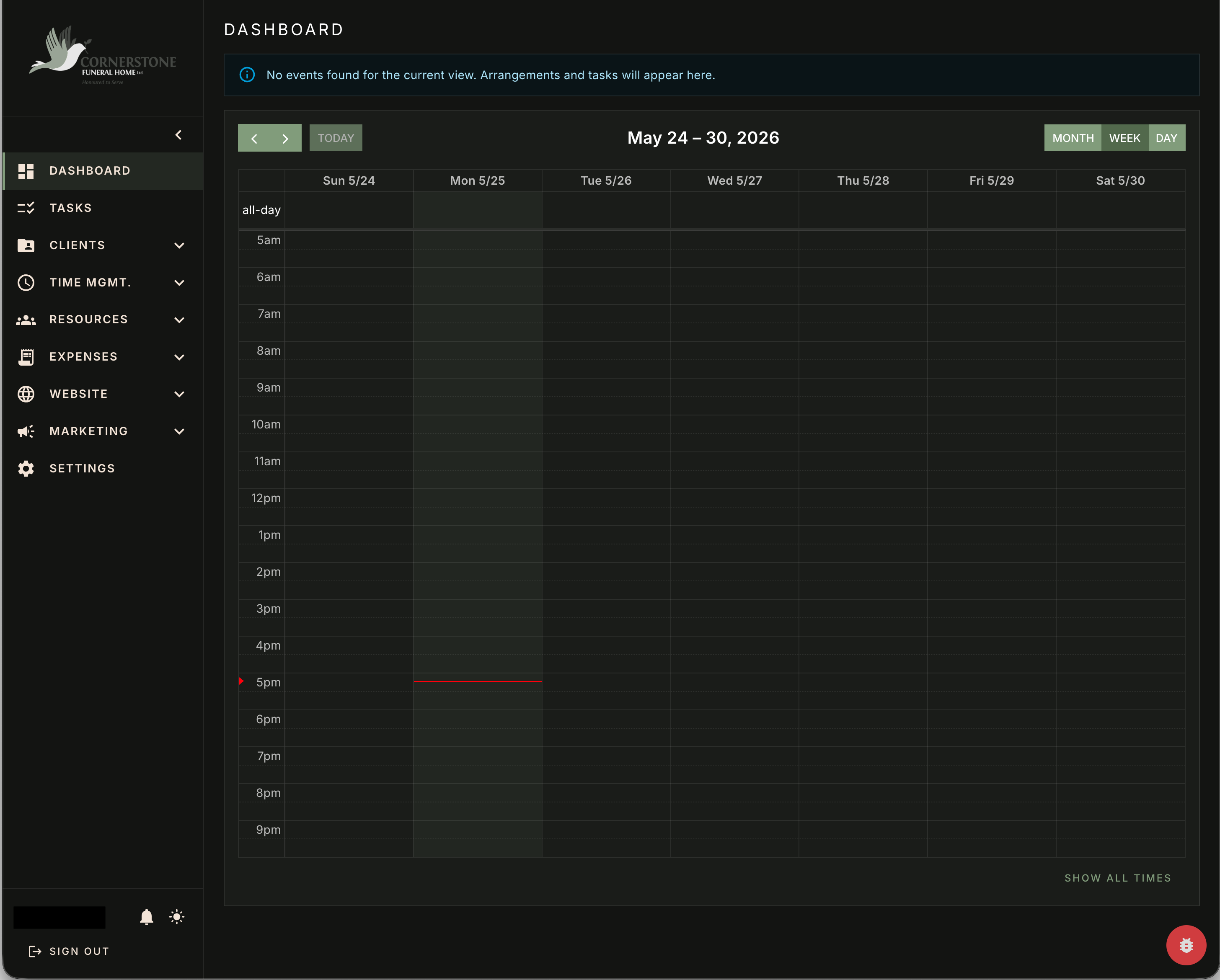 Actual client staff portal, showing its calendar and business navigation