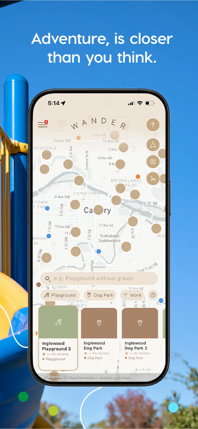 Wander, a client app, showing its map of nearby parks